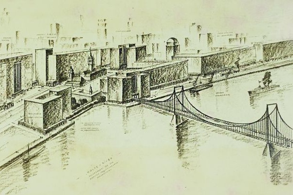 Carl Fieger, Dessau in der Entwicklung (Ironische Darstellung der Stadt Dessau mit einer Brücke über die Mulde), 1926