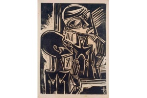Carl Rabus, Selbstbildnis vor dem Spiegel, Linolschnitt, um 1923